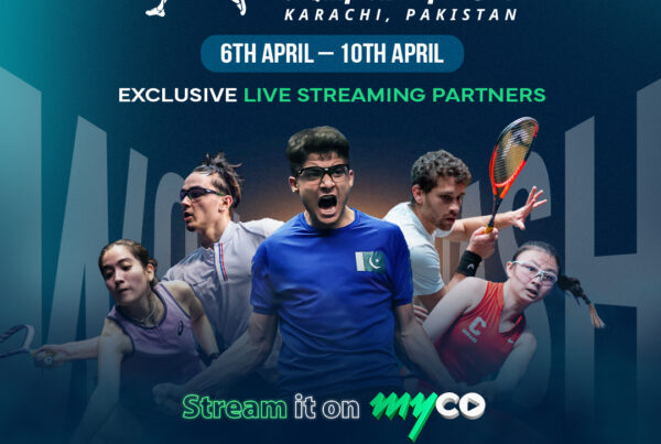 yougn squash players in action on a dark background, flags of the participating countries and dates of the event