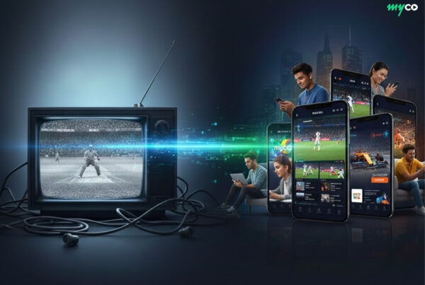 Comparison of traditional TV with tangled cables and modern smartphones showing hassle-free sports streaming, illustrating the revolution of OTT technology.