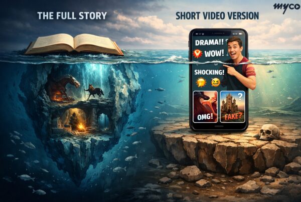 Illustration of how stories lose meaning when turned into short, viral content