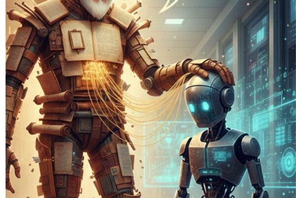 Human storyteller standing above AI, symbolizing the future of storytelling driven by human creativity over technology.