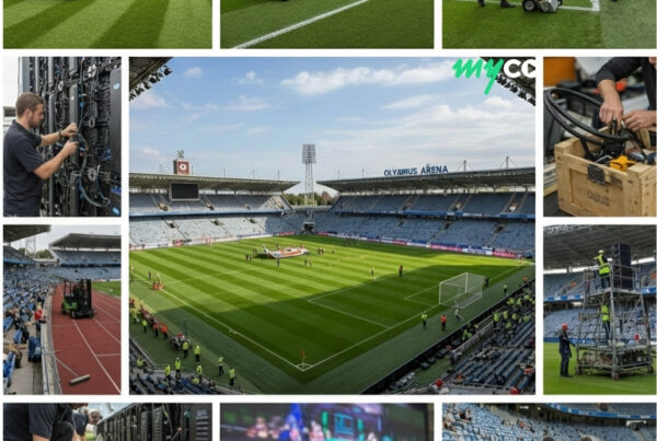 Collage of stadium crew performing various jobs behind the scenes